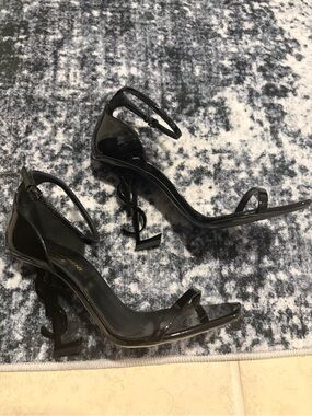 Yves Saint Laurent Black Patent Logo-Heel Ankle-Strap Sandals